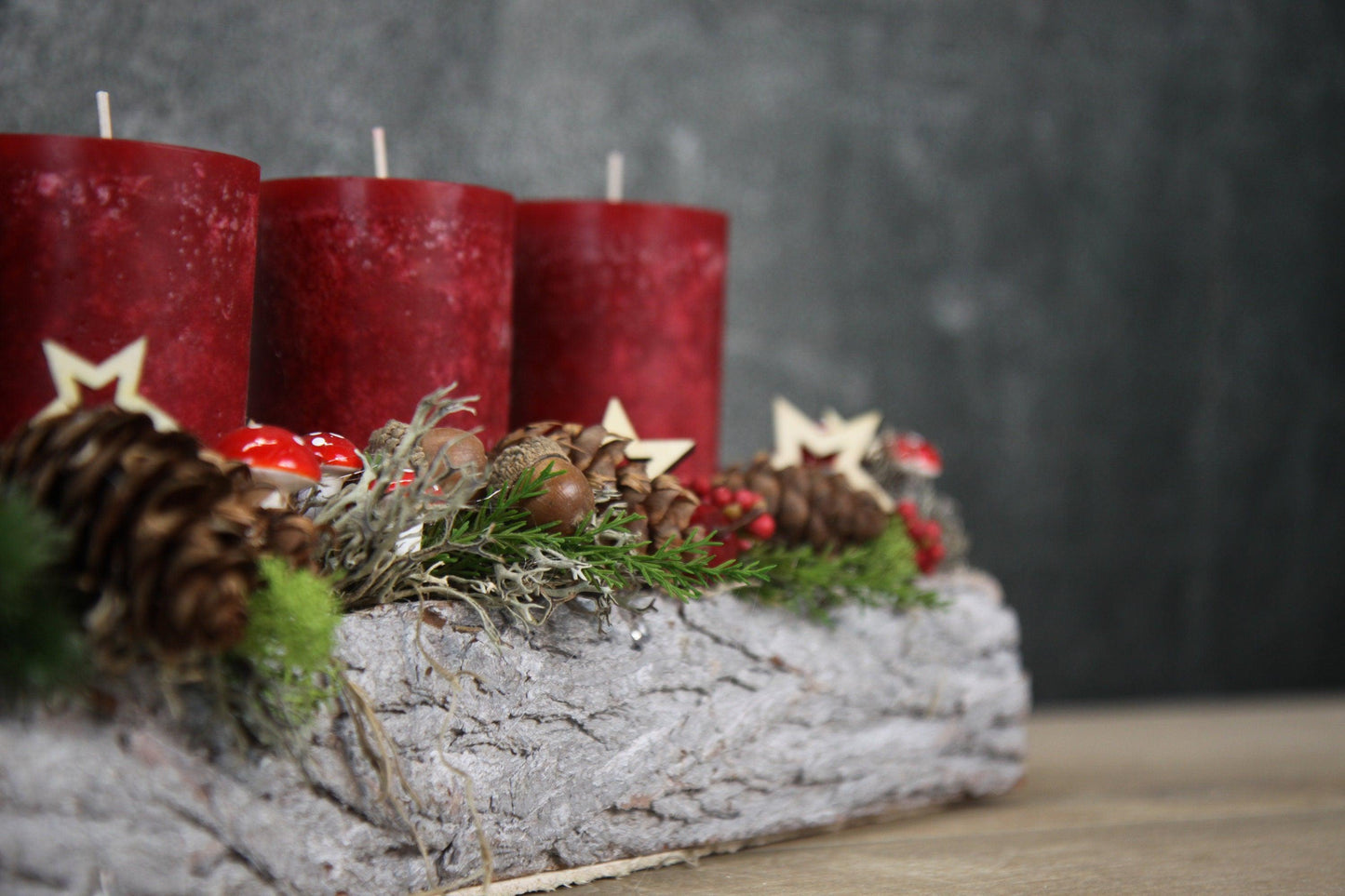 Adventskranz Adventskalender 45cm Pilze Modern Länglich mit Apfel und Sternen