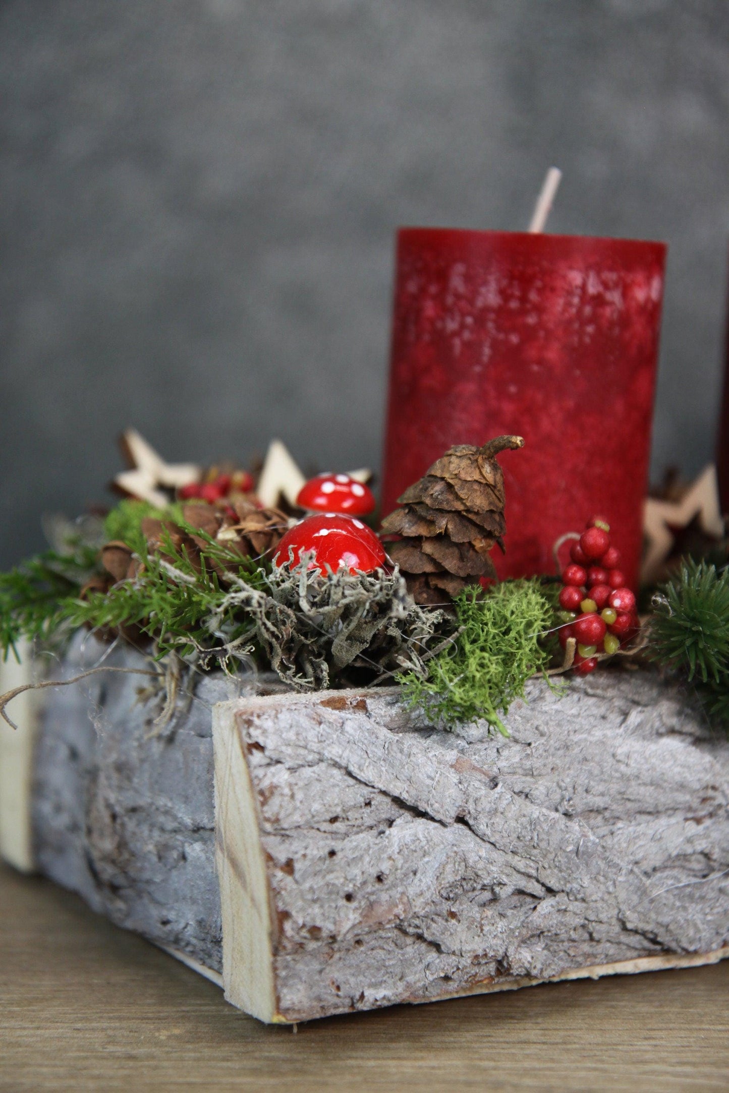 Adventskranz Adventskalender 45cm Pilze Modern Länglich mit Apfel und Sternen