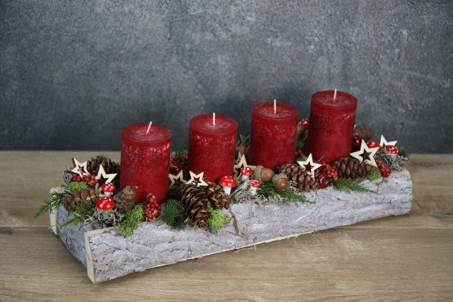 Adventskranz Adventskalender 45cm Pilze Modern Länglich mit Apfel und Sternen