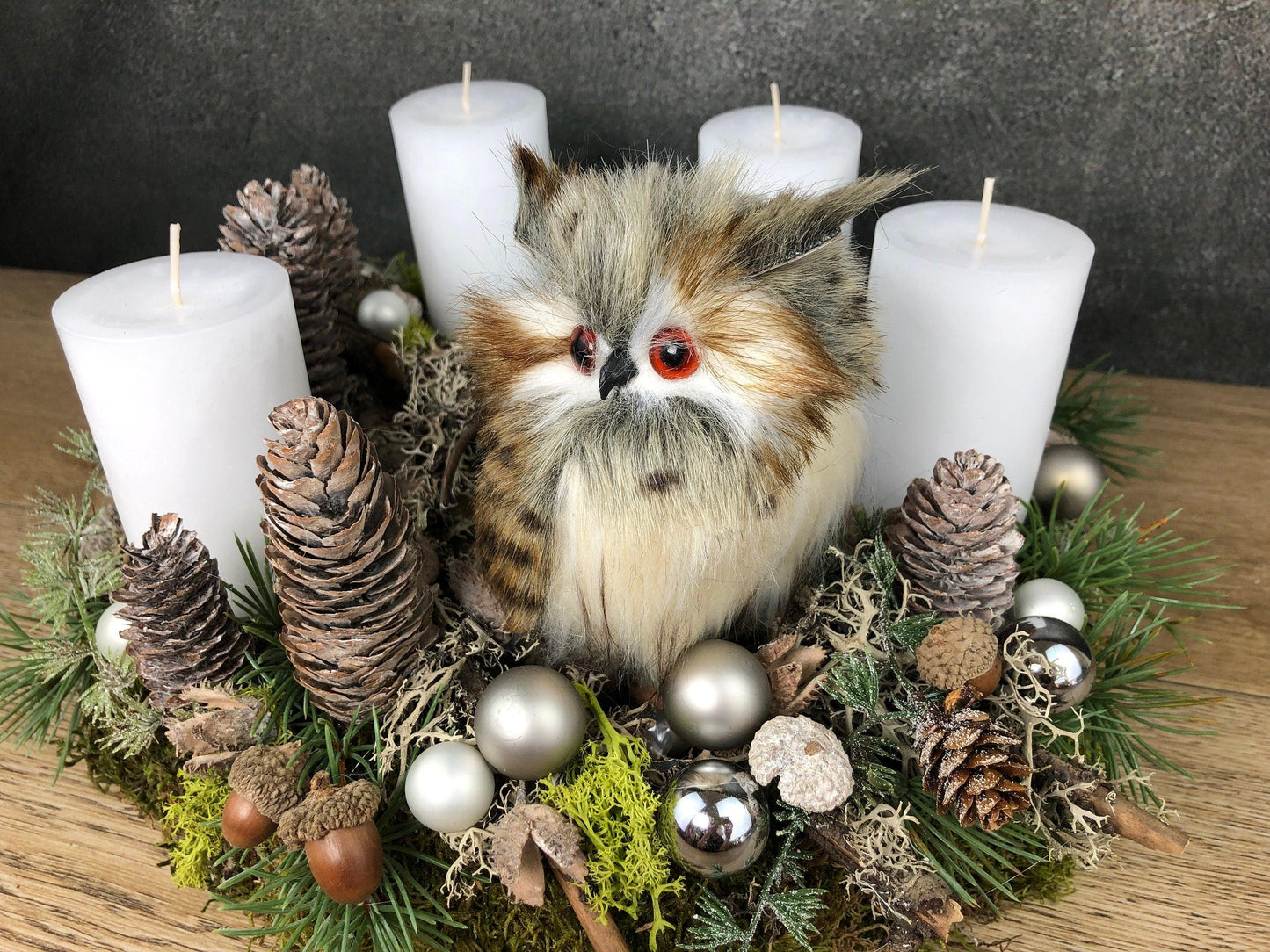 Adventskranz Eule mit Zapfen und Moos - Handgefertigtes Unikat