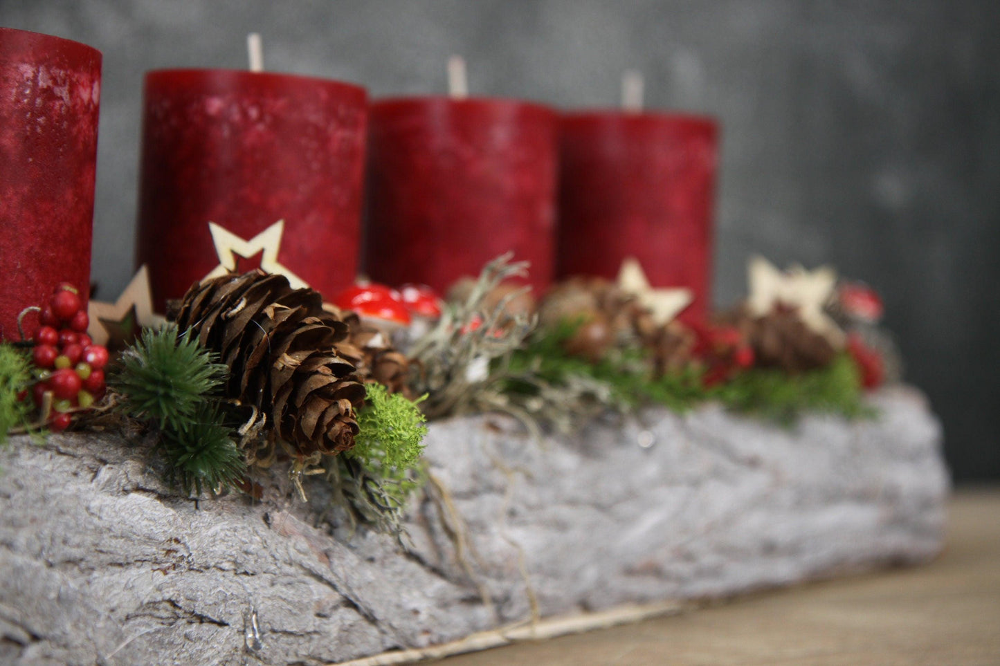 Adventskranz Adventskalender 45cm Pilze Modern Länglich mit Apfel und Sternen