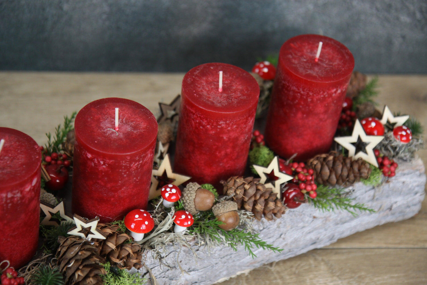 Adventskranz Adventskalender 45cm Pilze Modern Länglich mit Apfel und Sternen