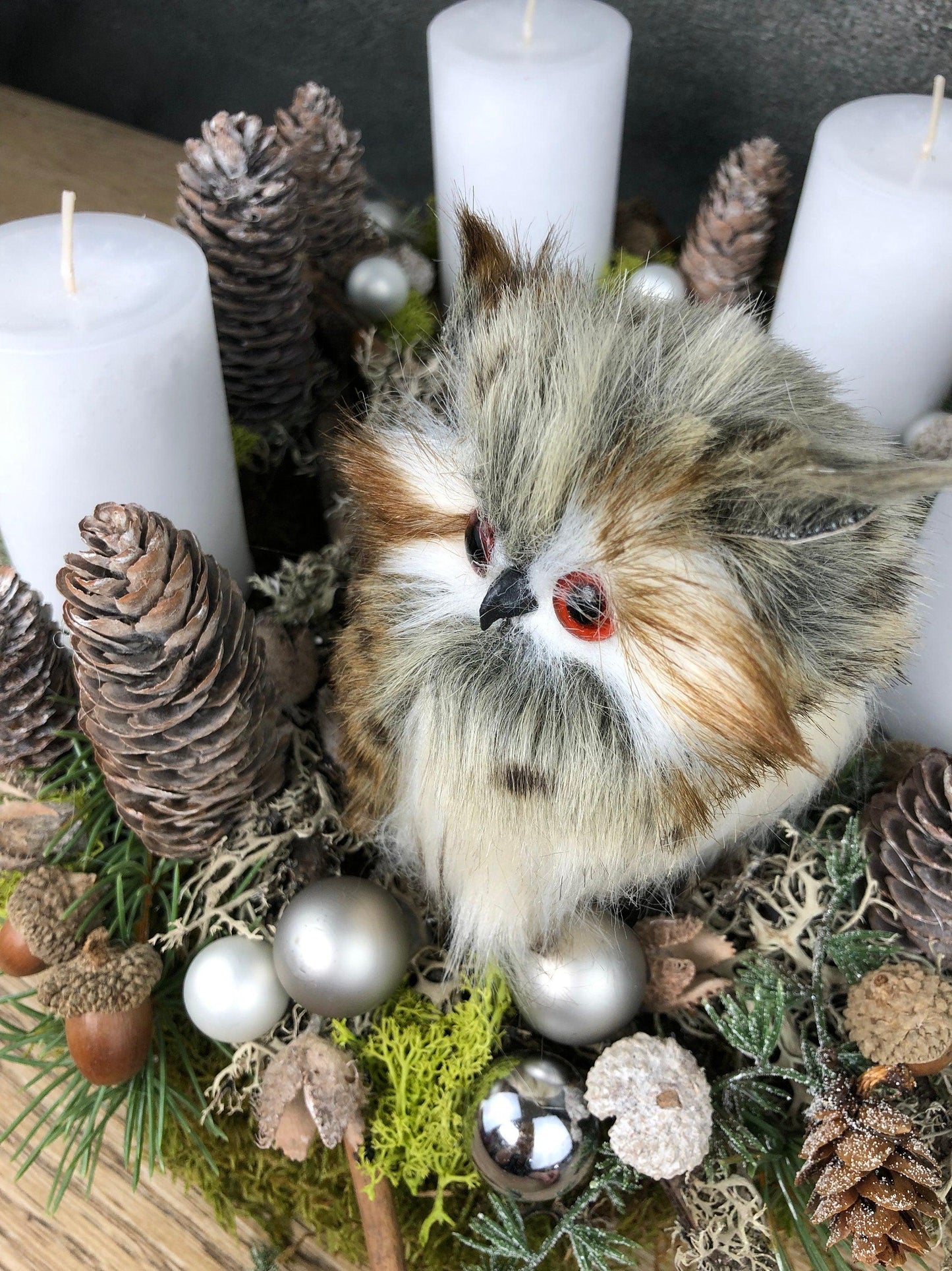 Adventskranz Eule mit Zapfen und Moos - Handgefertigtes Unikat
