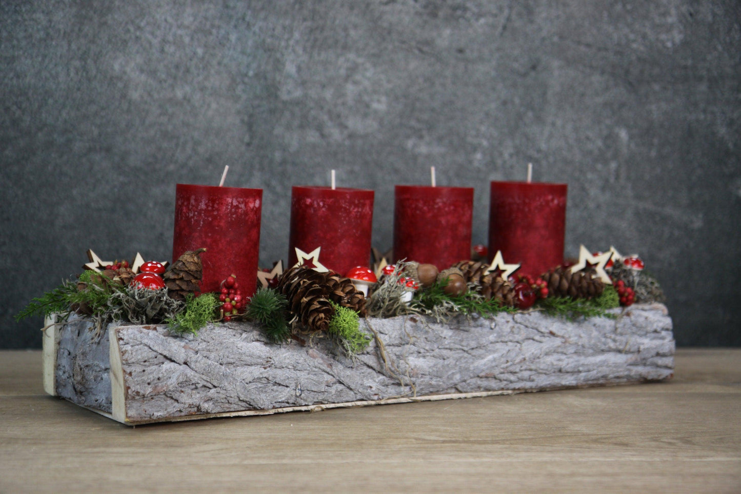 Adventskranz Adventskalender 45cm Pilze Modern Länglich mit Apfel und Sternen