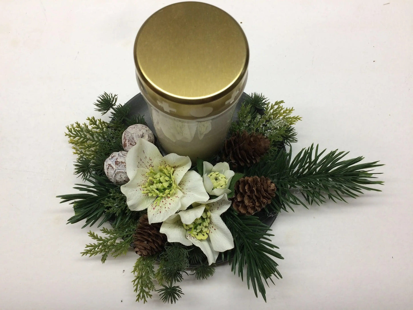Grabgesteck Grabschmuck Allerheiligen mit Kerze 20cm Grabdeko Grabdekoration – handgemacht aus Seiden- und Kunstblumen, langlebig & pflegeleicht von SarahsFlowerStudio
