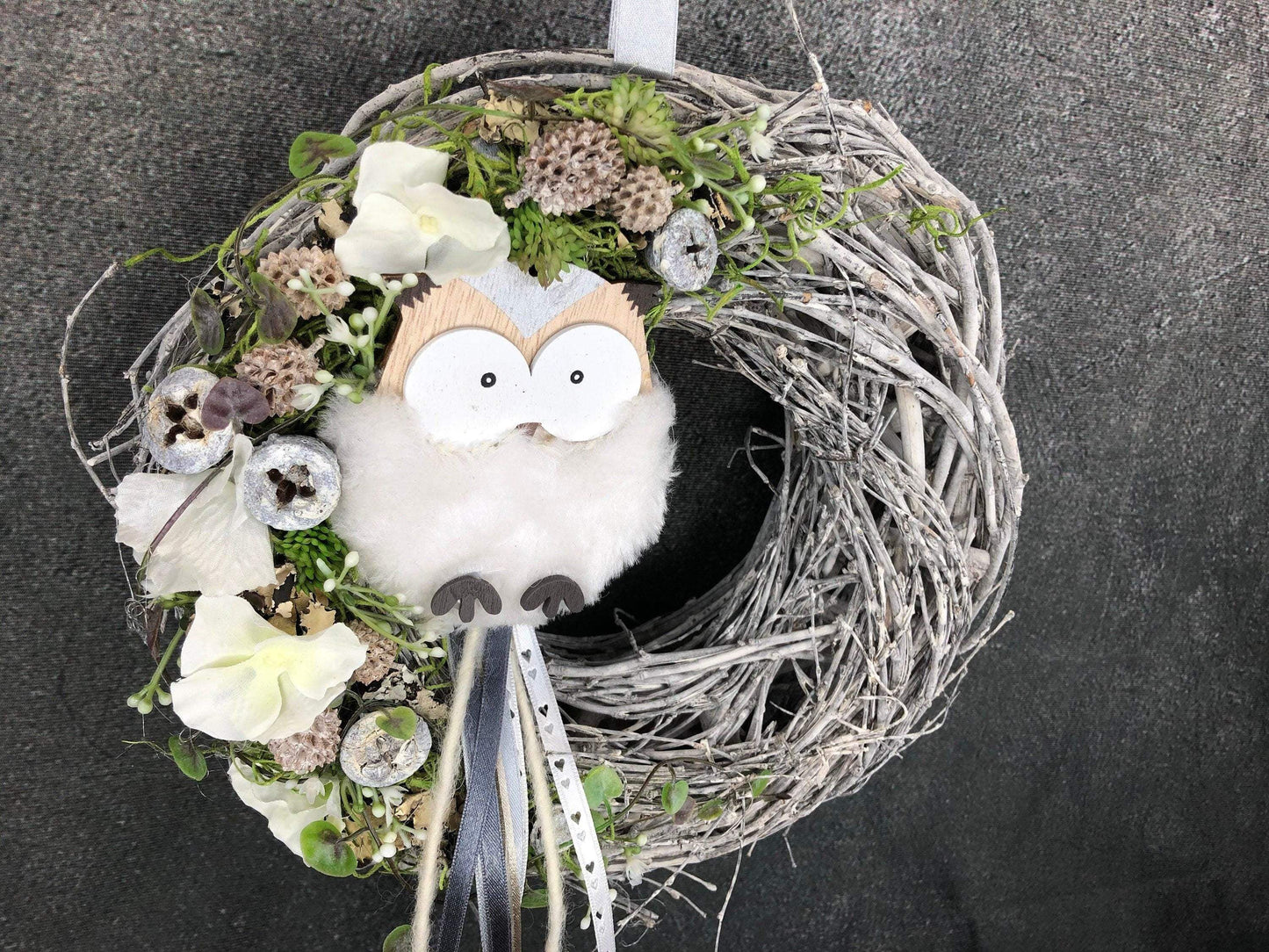 Türkranz Türdeko Türschmuck Eule Modern ganzjährig Tür Schmuck Herbst – handgemacht aus Seiden- und Kunstblumen, langlebig & pflegeleicht von SarahsFlowerStudio