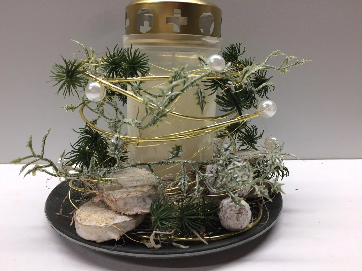 Grabgesteck Florales Windlicht Allerheiligen mit Kerze 20cm Grabdekoration Grabschmuck Allerheiligen – handgemacht aus Seiden- und Kunstblumen, langlebig & pflegeleicht von SarahsFlowerStudio