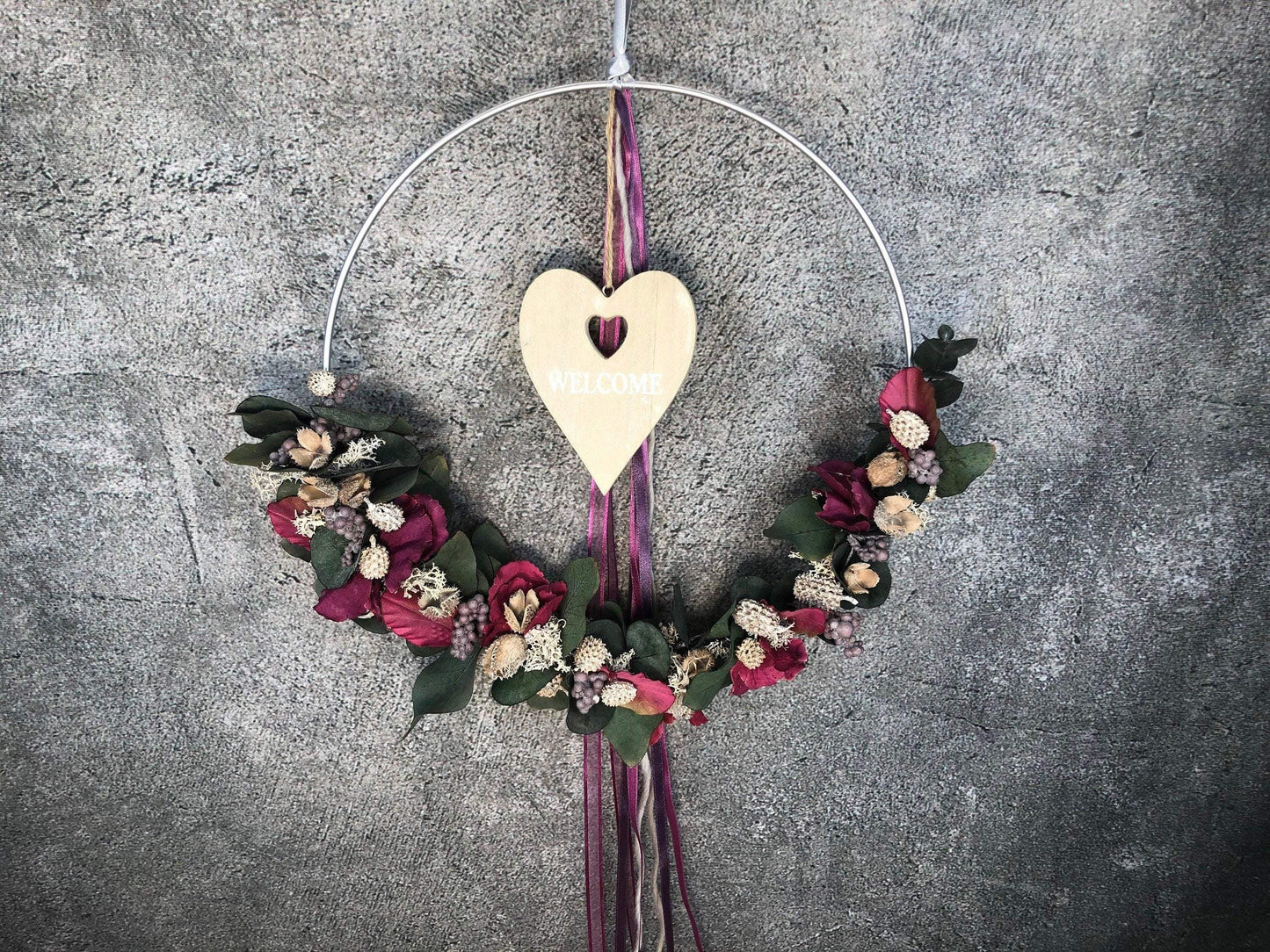Türkranz Welcome Herz Kranz Ring Eukalyptus Hortensie Zapfen Wandkranz Trockenblumen Natur natürlich Hoop Herbst Herbstlich – handgemacht aus Seiden- und Kunstblumen, langlebig & pflegeleicht von SarahsFlowerStudio