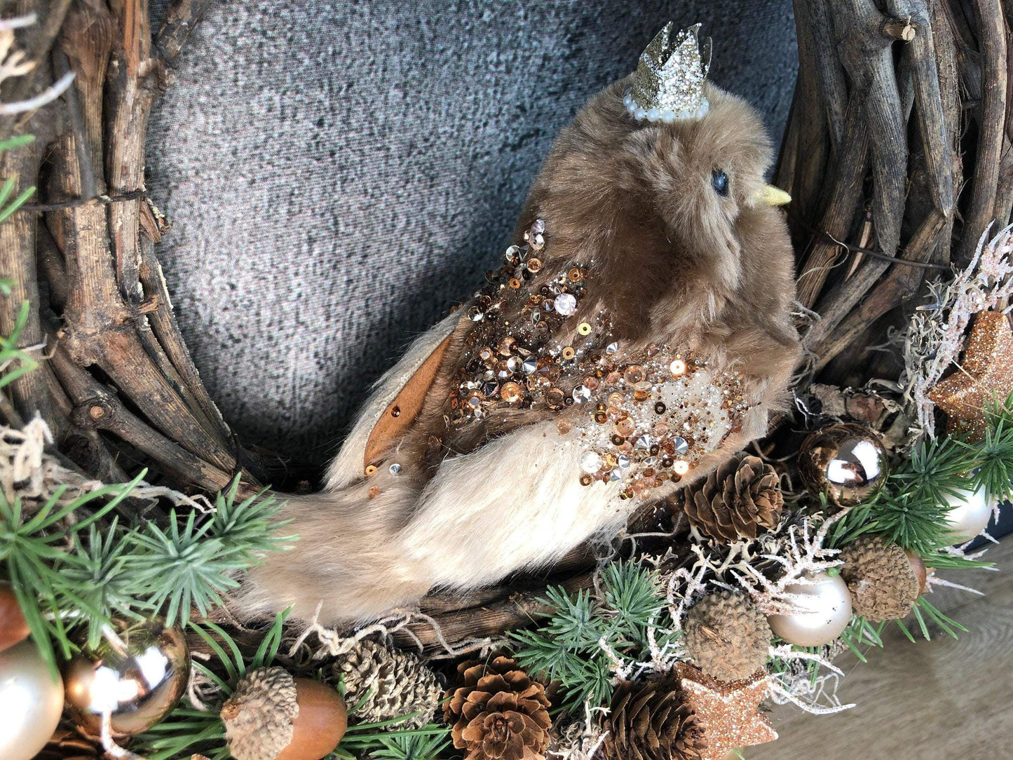 Advent Türkranz Türdeko Türschmuck Weihnachten Vogel Eule Kautz Moos Weide Zapfen mit LED – handgemacht aus Seiden- und Kunstblumen, langlebig & pflegeleicht von SarahsFlowerStudio