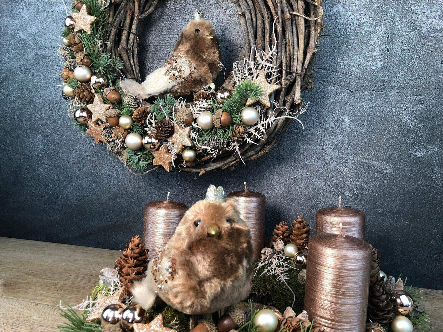 Advent Türkranz Türdeko Türschmuck Weihnachten Vogel Eule Kautz Moos Weide Zapfen mit LED – handgemacht aus Seiden- und Kunstblumen, langlebig & pflegeleicht von SarahsFlowerStudio