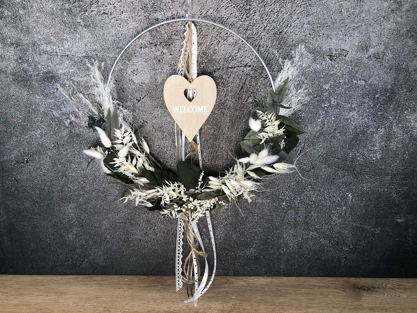 Türkranz Welcome Herz Kranz Ring Eukalyptus Gräser Wandkranz Trockenblumen Natur natürlich Hoop Herbst Herbstlich – handgemacht aus Seiden- und Kunstblumen, langlebig & pflegeleicht von SarahsFlowerStudio