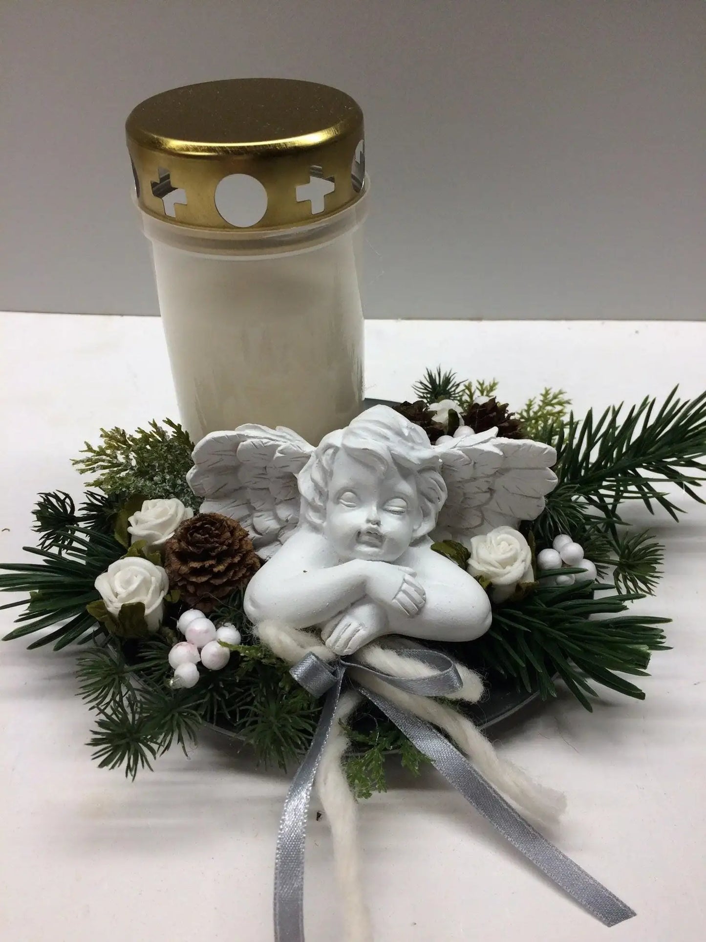 Grabgesteck Grabschmuck Allerheiligen mit Kerze 22cm Grabdekoration Grabschmuck Allerheiligen – handgemacht aus Seiden- und Kunstblumen, langlebig & pflegeleicht von SarahsFlowerStudio
