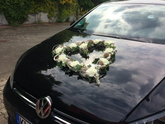 Hochzeits Autoschmuck 3-teilig – Seidenblumen Set Herz Schleifen – Autoschmuck Hochzeit – SarahsFlowerStudio