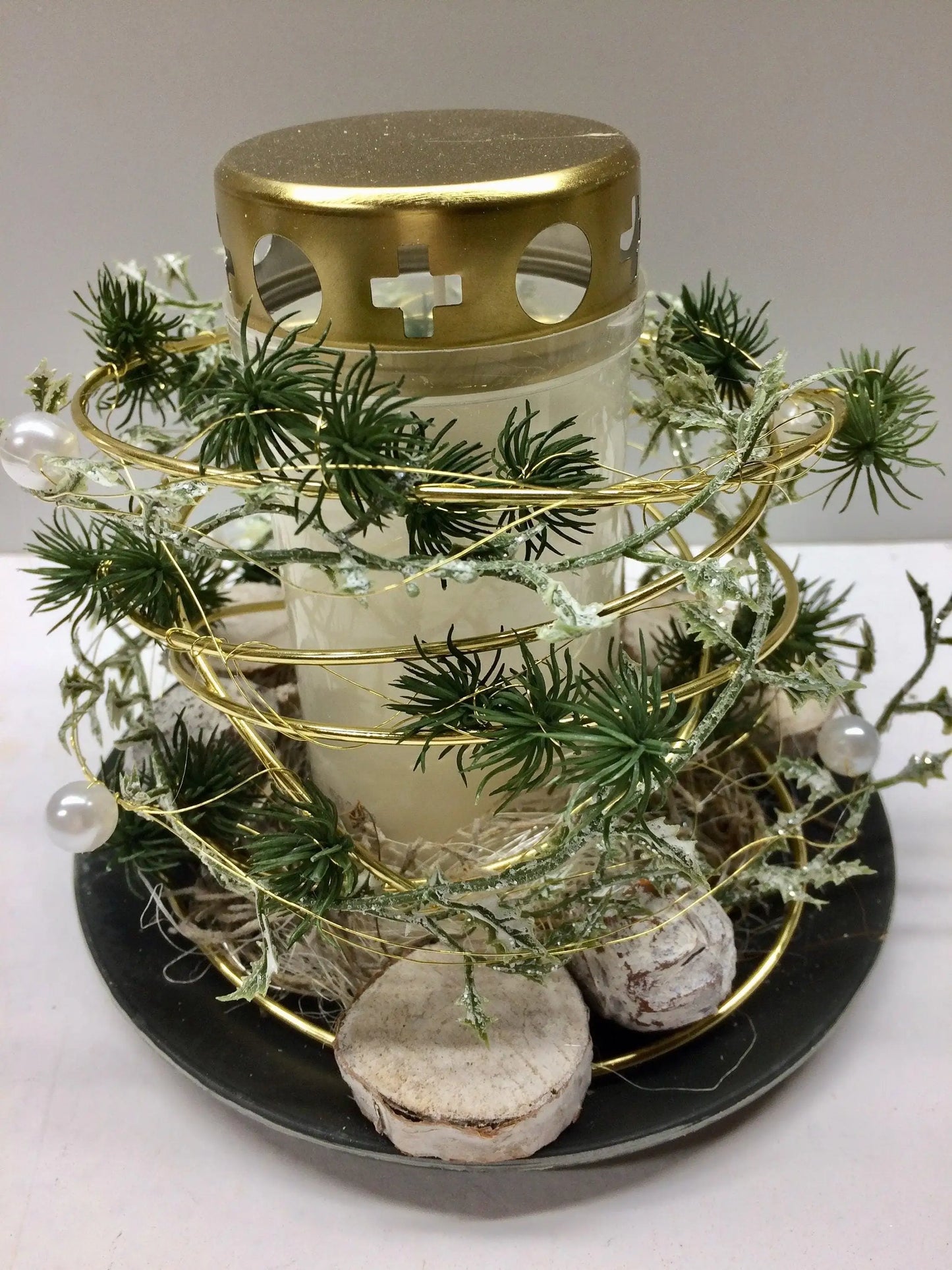 Grabgesteck Florales Windlicht Allerheiligen mit Kerze 20cm Grabdekoration Grabschmuck Allerheiligen – handgemacht aus Seiden- und Kunstblumen, langlebig & pflegeleicht von SarahsFlowerStudio