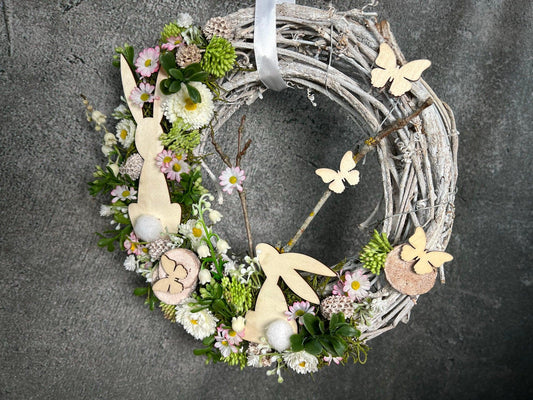 Türkranz Frühling Schleierkraut mit Hasen – Wunschfarbe Seidenblumen – Türkranz – SarahsFlowerStudio