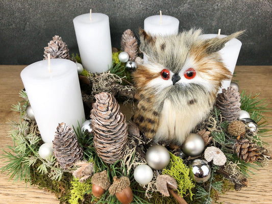 Adventskranz Eule mit Zapfen und Moos - Handgefertigtes Unikat