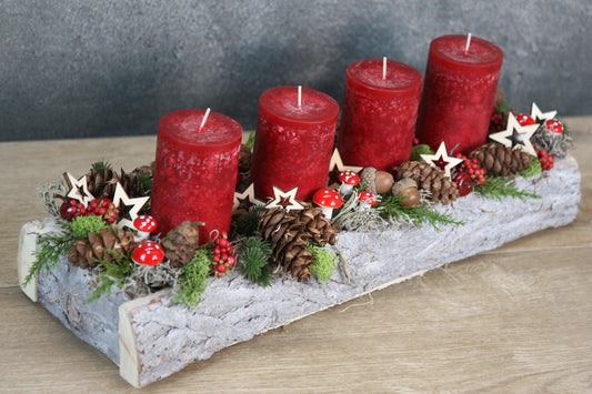 Adventskranz Adventskalender 45cm Pilze Modern Länglich mit Apfel und Sternen
