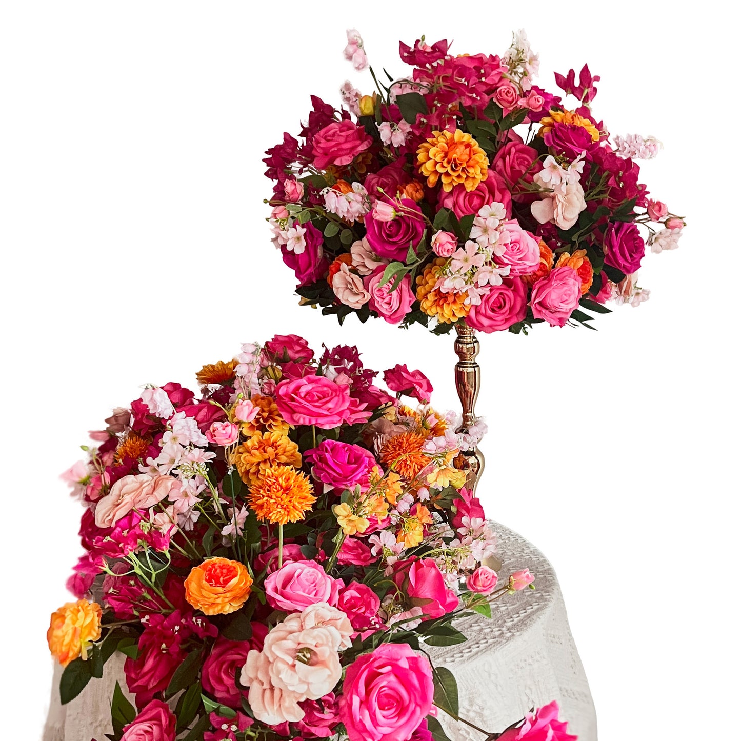 Premium Seidenblumen Arrangement Fuchsia & Orange – Dahlien, Rosen, Ranunkeln & Hortensien | Bogen- & Tischdekoration – Tischdekoration – SarahsFlowerStudio