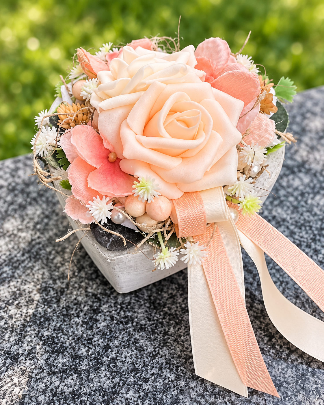 Grabherz aus Beton mit Rosen – Ganzjähriger Grabschmuck | 10 & 14 cm – Grabgesteck – SarahsFlowerStudio
