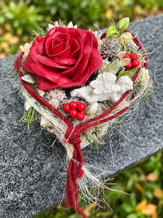 Grabherz aus Beton mit Engel & Wachsrose – 4 Wunschfarben | 16 cm – Grabgesteck – SarahsFlowerStudio