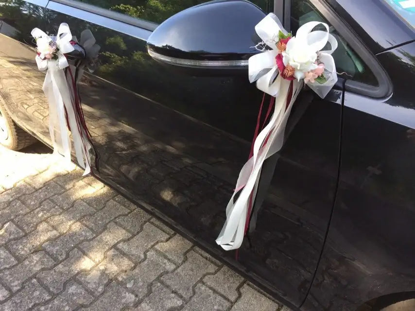 Autoschmuck Set 3 Teilig Herz und Schleifen Autodekoration Autoblumenschmuck Gesteck Hochzeit Kutschen Schmuck Kutschendeko Kutsche Wedding – handgemacht aus Seiden- und Kunstblumen, langlebig & pflegeleicht von SarahsFlowerStudio