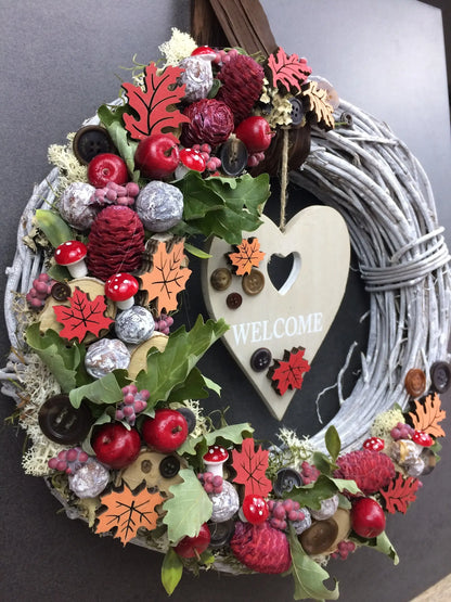 Türkranz 35cm Herbst Herbstlich Türdeko Türschmuck Herz Welcome Modern Tür Schmuck Herbst herbstlich ganzjährig Herbst – handgemacht aus Seiden- und Kunstblumen, langlebig & pflegeleicht von SarahsFlowerStudio