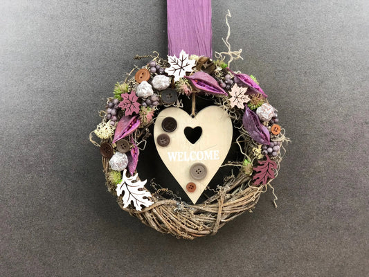Türkranz 22cm Türdeko Türschmuck Herz Welcome Modern Tür Schmuck Herbst herbstlich ganzjährig Herbst – handgemacht aus Seiden- und Kunstblumen, langlebig & pflegeleicht von SarahsFlowerStudio