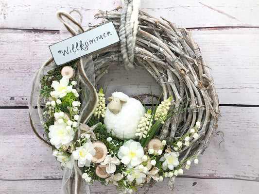 Frühlingskranz Türdeko mit Schafen & Maiglöckchen – Osterkranz Seidenblumen – Türkranz – SarahsFlowerStudio
