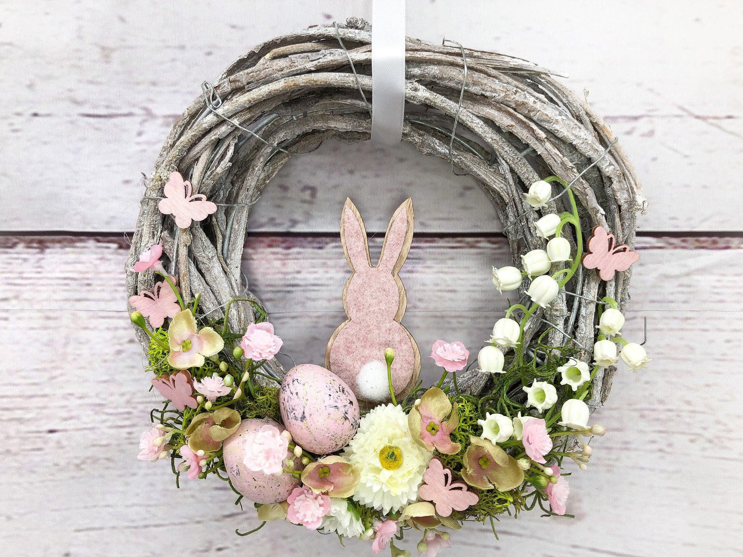 Frühlingskranz 20cm mit Hasen, Eiern & Schleierkraut – kleiner Osterkranz Seidenblumen – Türkranz – SarahsFlowerStudio