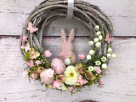 Frühlingskranz 20cm mit Hasen, Eiern & Schleierkraut – kleiner Osterkranz Seidenblumen – Türkranz – SarahsFlowerStudio
