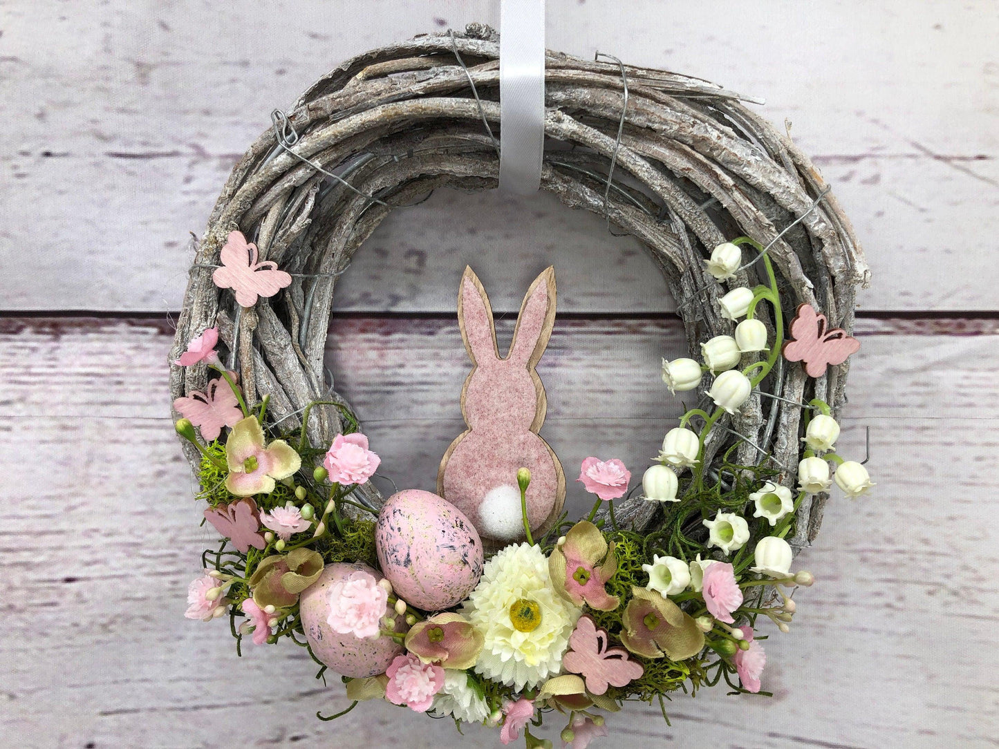Frühlingskranz 20cm mit Hasen, Eiern & Schleierkraut – kleiner Osterkranz Seidenblumen – Türkranz – SarahsFlowerStudio