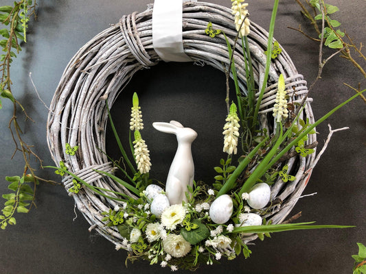 Frühlingskranz 35cm mit Hasen & Gänseblümchen – großer Osterkranz Seidenblumen – Türkranz – SarahsFlowerStudio
