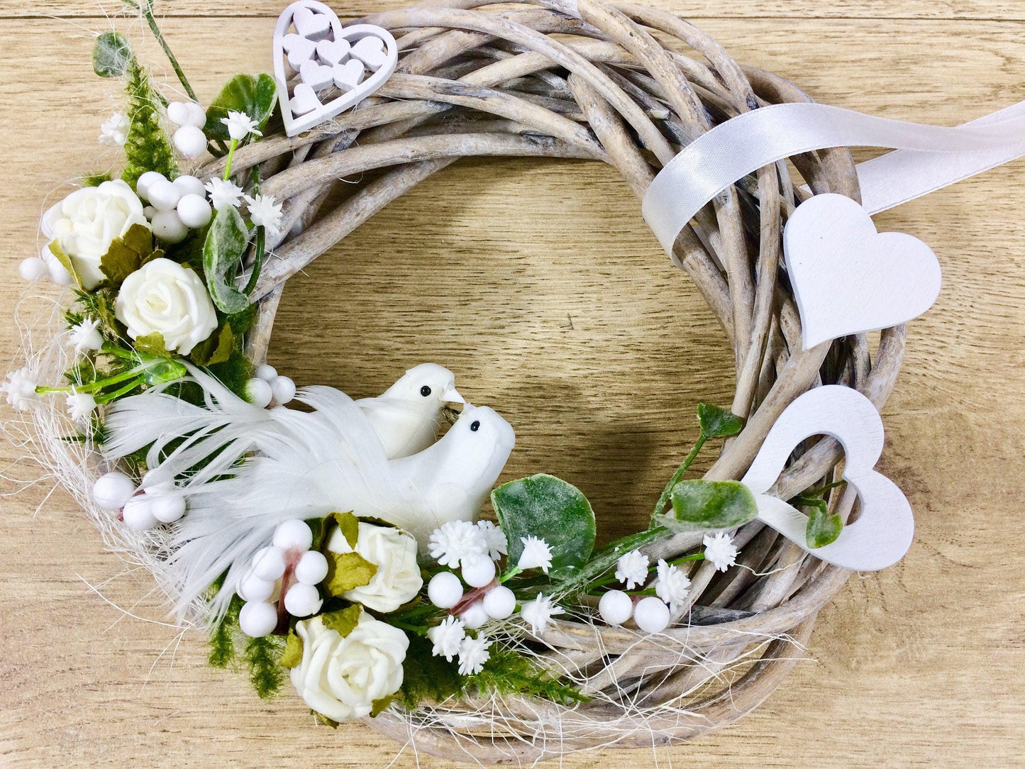 Türkranz Hochzeit Rose – Türdeko mit Rose Schleierkraut & Vögeln – Türkranz – SarahsFlowerStudio