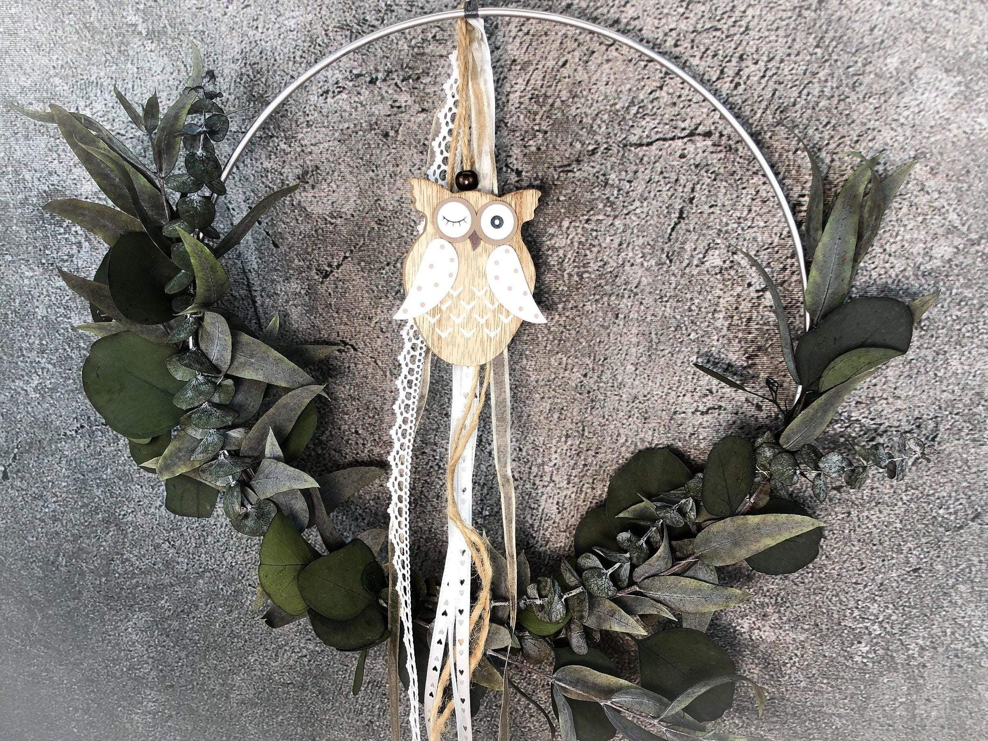 Türkranz Eule Herbst Kranz Ring Eukalyptus Wandkranz Trockenblumen Natur natürlich Hoop Herbst Herbstlich – handgemacht aus Seiden- und Kunstblumen, langlebig & pflegeleicht von SarahsFlowerStudio