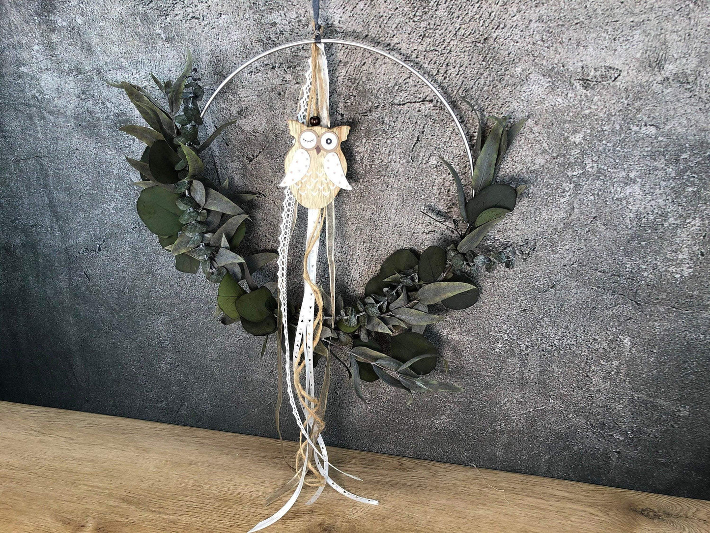 Türkranz Eule Herbst Kranz Ring Eukalyptus Wandkranz Trockenblumen Natur natürlich Hoop Herbst Herbstlich – handgemacht aus Seiden- und Kunstblumen, langlebig & pflegeleicht von SarahsFlowerStudio