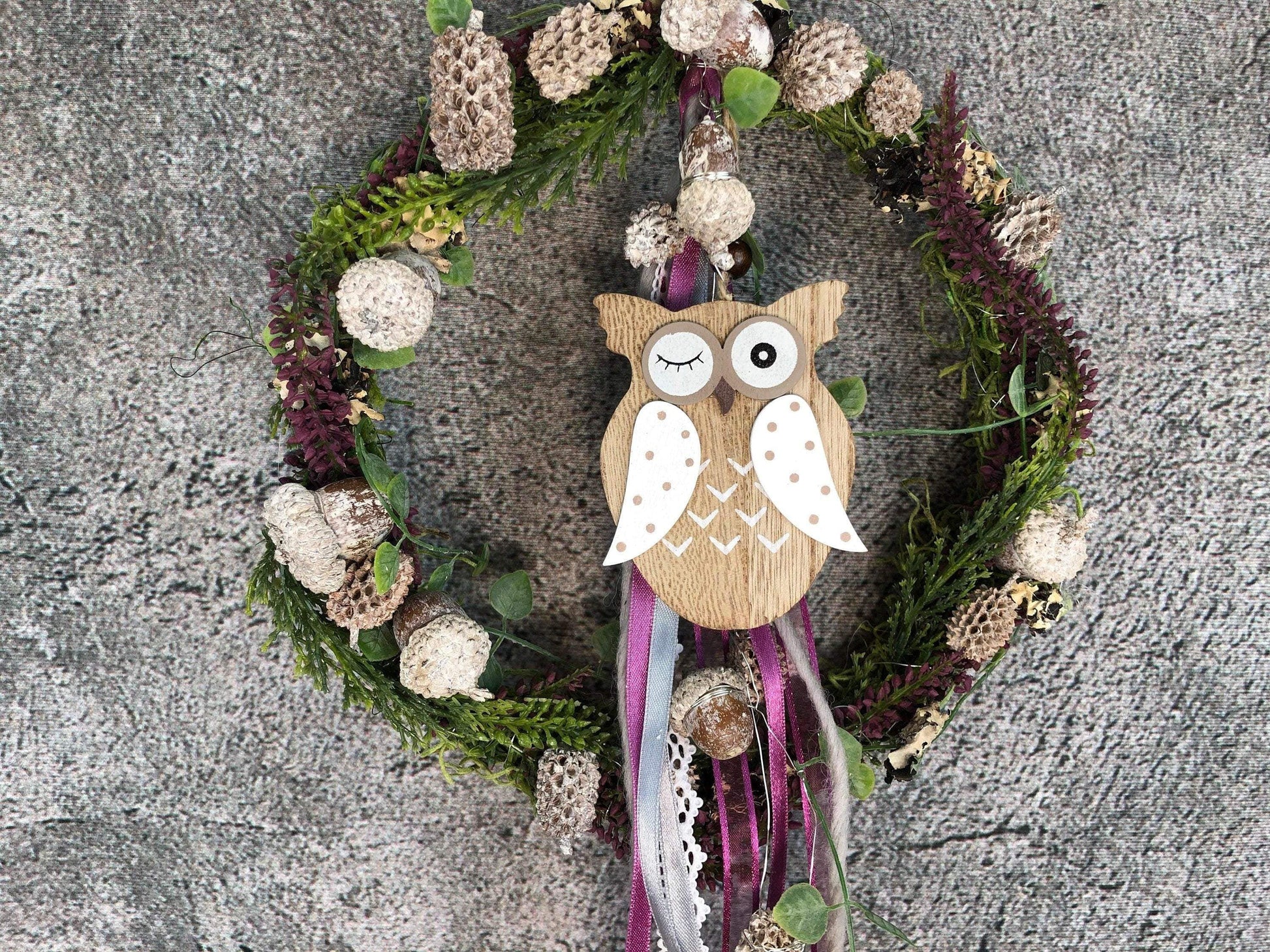 Türkranz Heide Eule Herbst Herbstlich Türschmuck Modern Wunschfarbe Wunschgröße Tür Schmuck ganzjährig – handgemacht aus Seiden- und Kunstblumen, langlebig & pflegeleicht von SarahsFlowerStudio