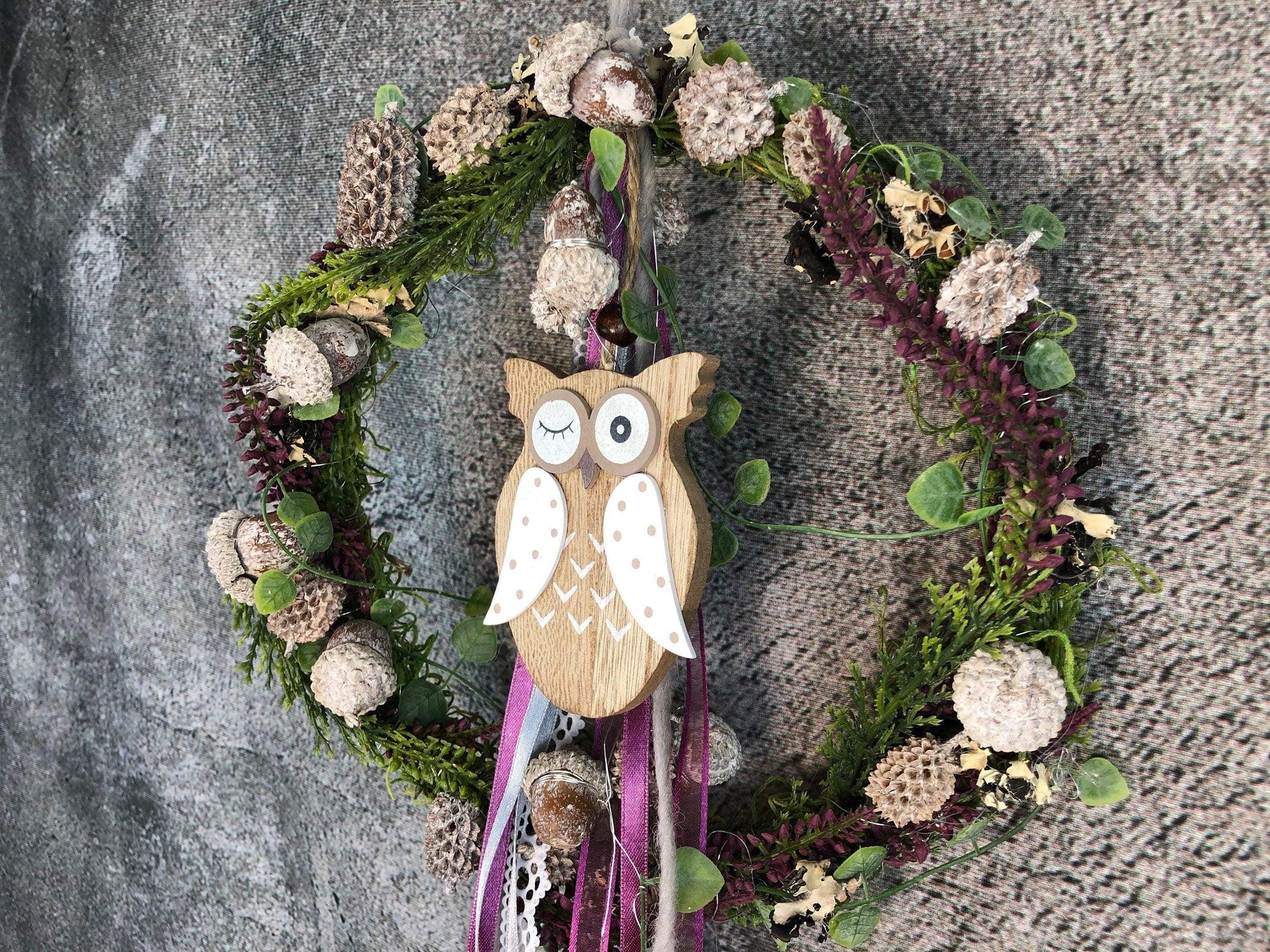 Türkranz Heide Eule Herbst Herbstlich Türschmuck Modern Wunschfarbe Wunschgröße Tür Schmuck ganzjährig – handgemacht aus Seiden- und Kunstblumen, langlebig & pflegeleicht von SarahsFlowerStudio