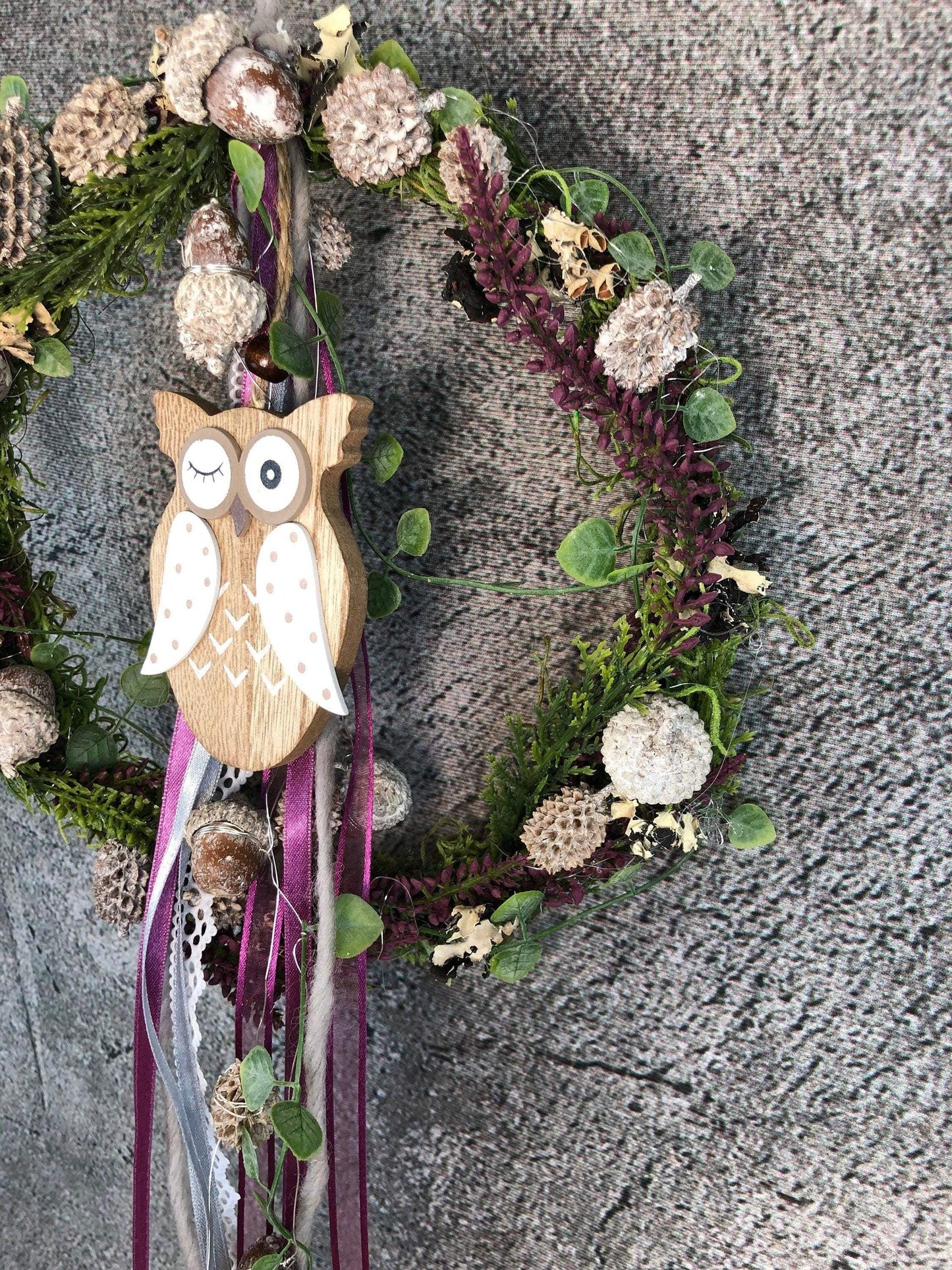 Türkranz Heide Eule Herbst Herbstlich Türschmuck Modern Wunschfarbe Wunschgröße Tür Schmuck ganzjährig – handgemacht aus Seiden- und Kunstblumen, langlebig & pflegeleicht von SarahsFlowerStudio