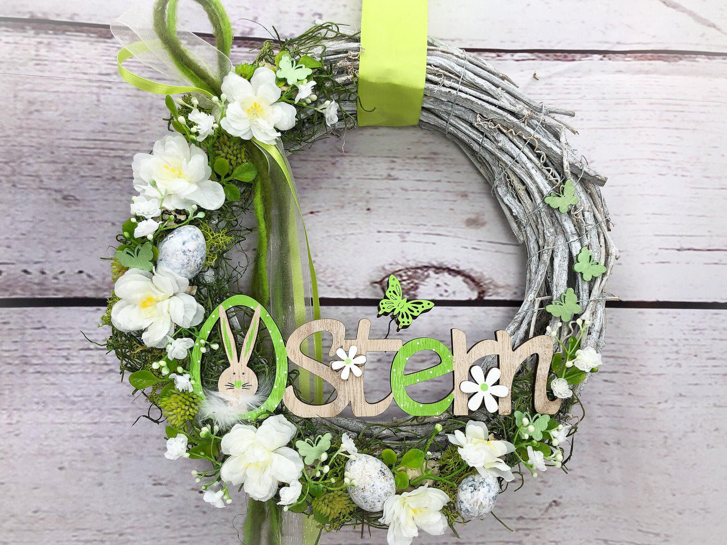Osterkranz Türkranz mit Hasen, Maiglöckchen & Eiern – Frühlingsdeko Seidenblumen – Türkranz – SarahsFlowerStudio