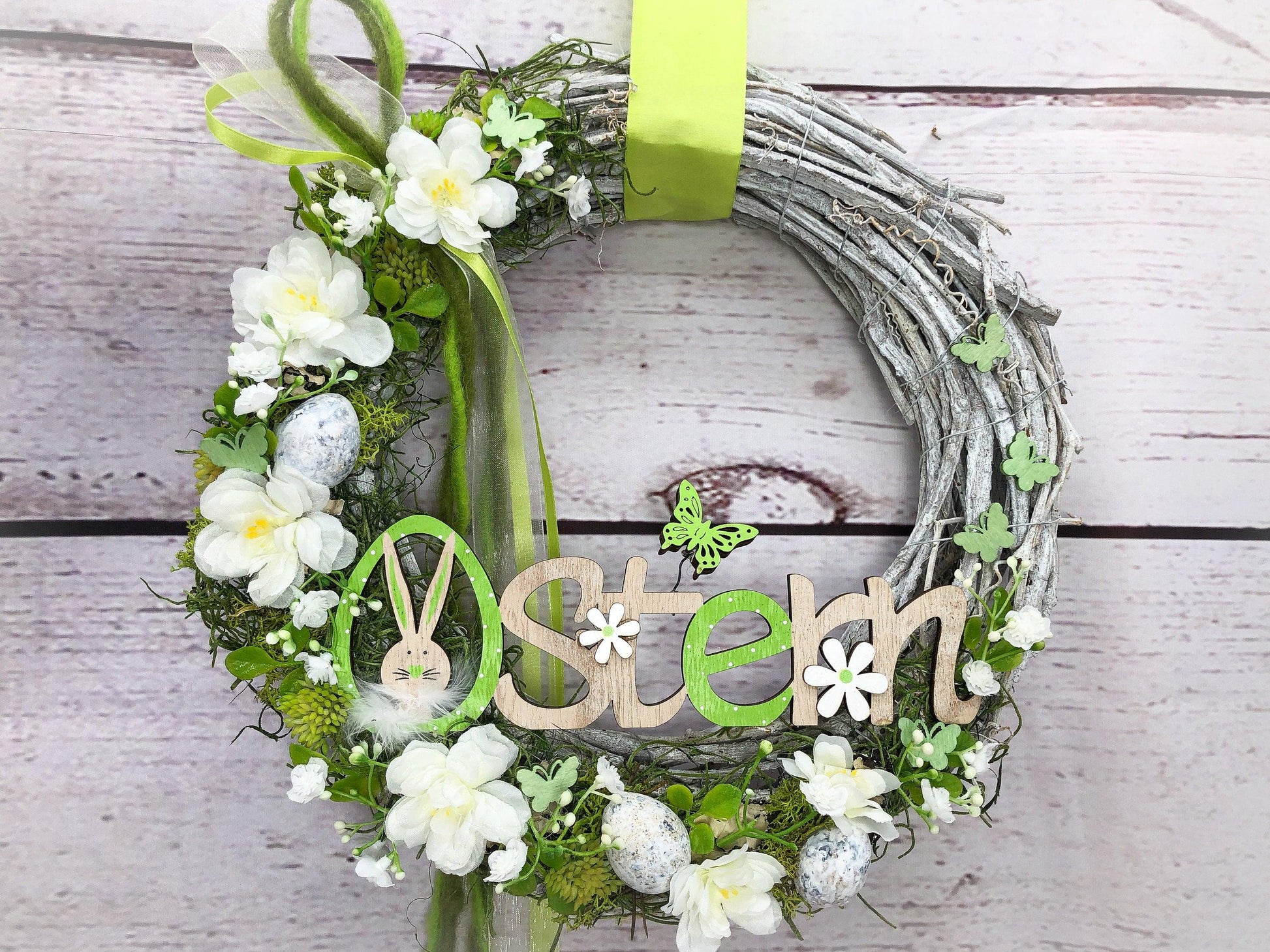 Osterkranz Türkranz mit Hasen, Maiglöckchen & Eiern – Frühlingsdeko Seidenblumen – Türkranz – SarahsFlowerStudio