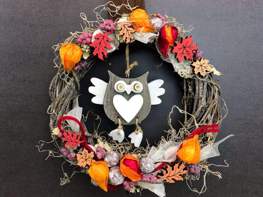 Türkranz 26cm Türdeko Türschmuck Eule Modern Tür Schmuck Herbst herbstlich ganzjährig Herbst – handgemacht aus Seiden- und Kunstblumen, langlebig & pflegeleicht von SarahsFlowerStudio