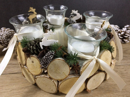 Adventskranz Wunschfarbe Hirsch Zapfen Birke Wunschfarbe Teelicht Anis Zimt – handgemacht aus Seiden- und Kunstblumen, langlebig & pflegeleicht von SarahsFlowerStudio