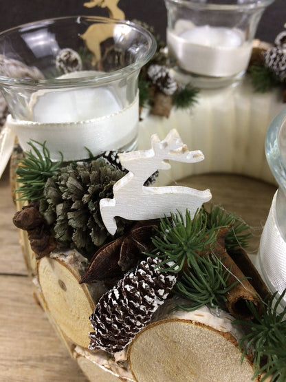 Adventskranz Wunschfarbe Hirsch Zapfen Birke Wunschfarbe Teelicht Anis Zimt – handgemacht aus Seiden- und Kunstblumen, langlebig & pflegeleicht von SarahsFlowerStudio