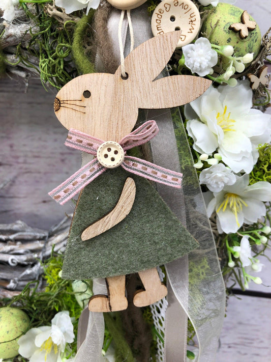 Türkranz Ostern mit Hasen, Eiern & Schleierkraut – Frühlingskranz Seidenblumen – Türkranz – SarahsFlowerStudio
