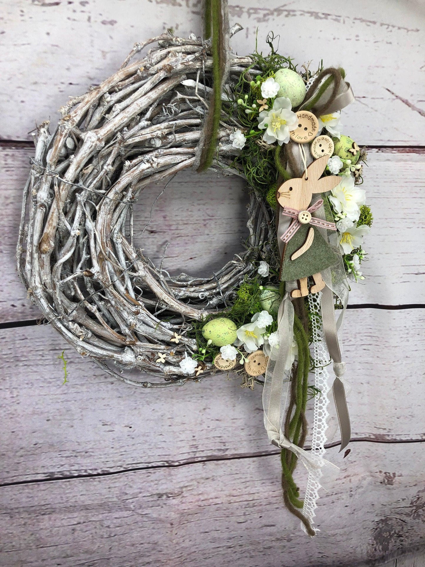Türkranz Ostern mit Hasen, Eiern & Schleierkraut – Frühlingskranz Seidenblumen – Türkranz – SarahsFlowerStudio