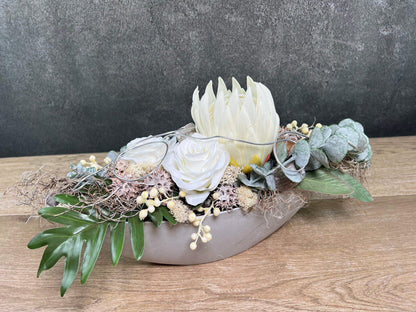 Grabgesteck Protea 48cm Grabschmuck Gesteck Grab Allerheiligen Grabdeko Grabgesteck Grabdekoration Jadinere Schale – handgemacht aus Seiden- und Kunstblumen, langlebig & pflegeleicht von SarahsFlowerStudio