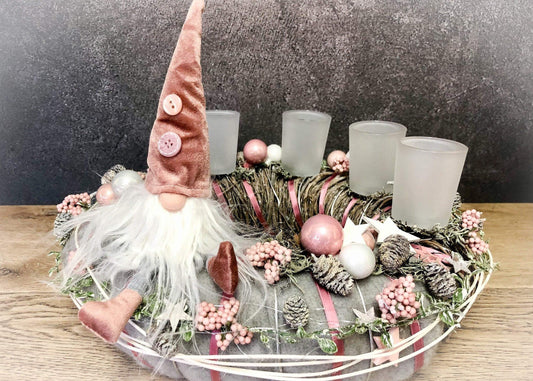 Adventskranz Gläser Wichtel Kugel Sterne Draht Tanne Filz Haltbar Künstlich – handgemacht aus Seiden- und Kunstblumen, langlebig & pflegeleicht von SarahsFlowerStudio