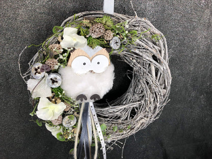 Türkranz Türdeko Türschmuck Eule Modern ganzjährig Tür Schmuck Herbst – handgemacht aus Seiden- und Kunstblumen, langlebig & pflegeleicht von SarahsFlowerStudio