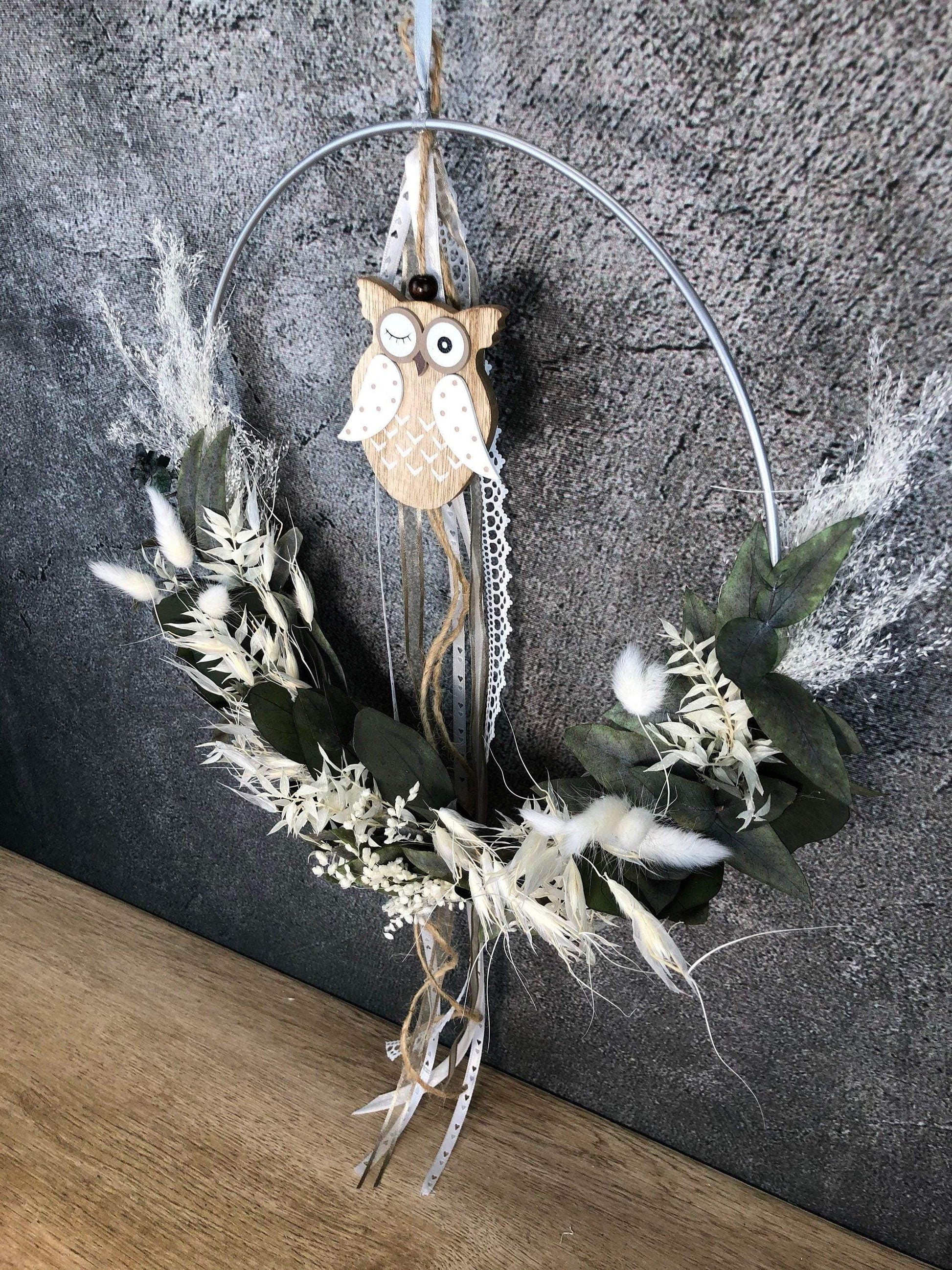 Türkranz Eule Kranz Ring Eukalyptus Gräser Wandkranz Trockenblumen Natur natürlich Hoop Herbst Herbstlich – handgemacht aus Seiden- und Kunstblumen, langlebig & pflegeleicht von SarahsFlowerStudio