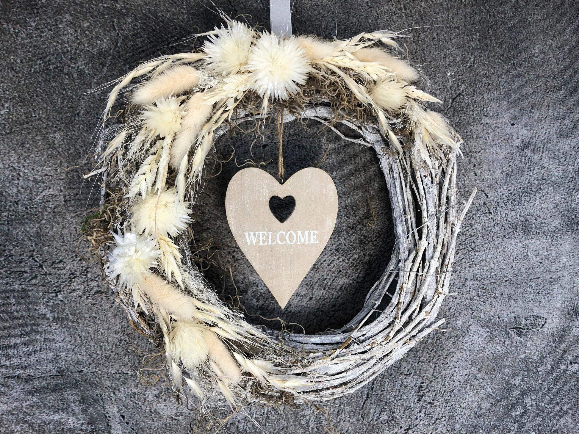 Türkranz Kranz Türschmuck Welcome Herz Gräser Herbst Herbstlich Trockenblumen Trockenmaterial Natur natürlich dried bouquet dried Flowers – handgemacht aus Seiden- und Kunstblumen, langlebig & pflegeleicht von SarahsFlowerStudio
